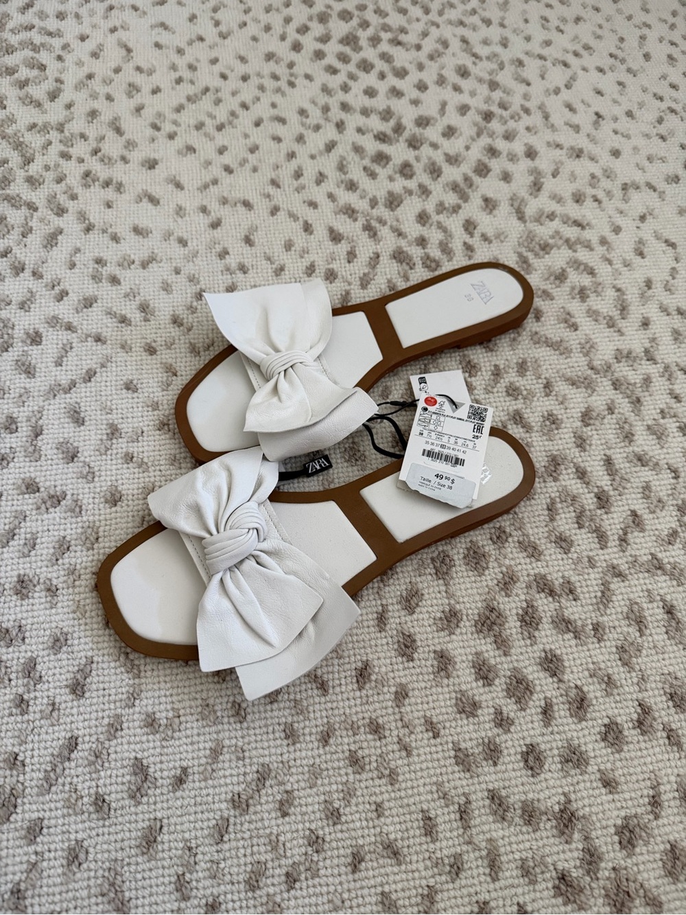 Zara Cream Bow Slide Sandals with Tan Sole